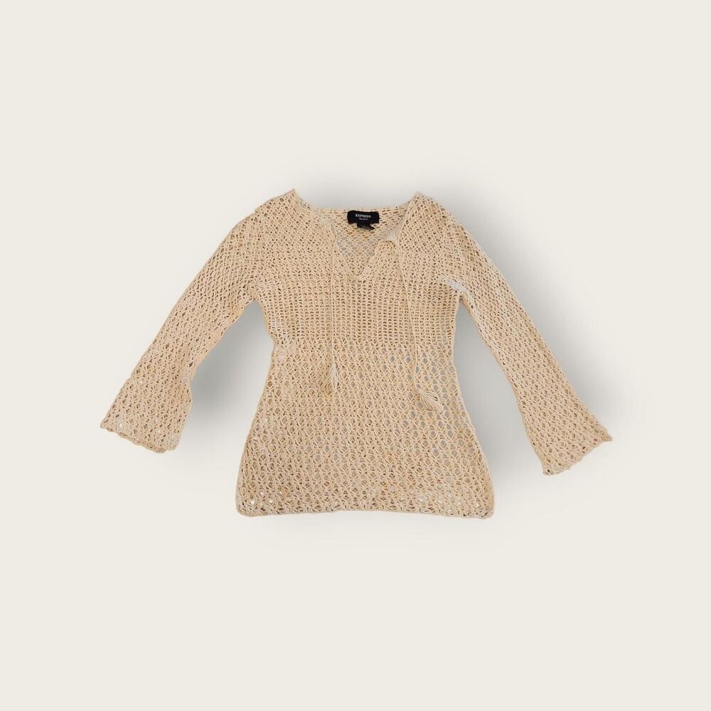 Vintage Y2k early 2000s Express tan knit boho bell sleeve sheer sweater